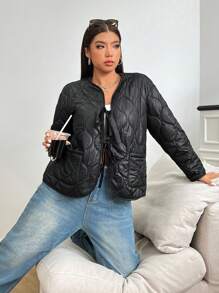 SHEIN EZwear Plus Size Women Warm Padded Jacket, Cold Weather Thermal Quilted Coat, Fall/Autumn Black Padded Outerwear