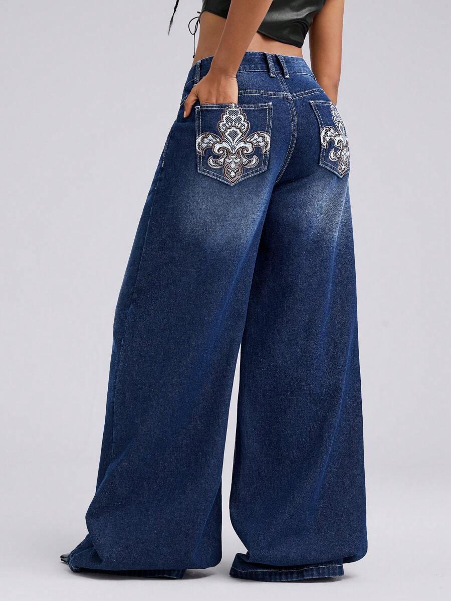 SHEIN EZwear 女式街头服饰 Y2K 复古图案刺绣水洗宽松牛仔裤