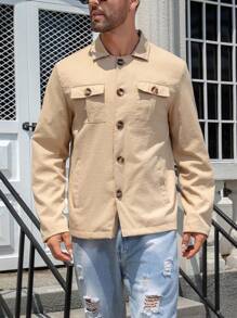 Manfinity Homme Men's Plain Color Lapel Casual Jacket, Spring Autumn