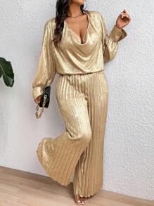 Celure 2pcs Plus Size Metallic Loose Blouse Top & Wide Leg Pleated Pants Set For New Year Holiday Party Clothes