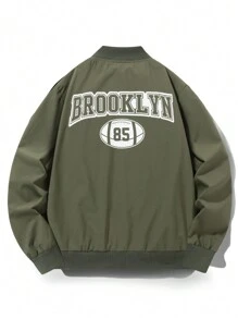 Manfinity Homme 男士前拉链字母印花简约休闲夹克，日常穿着 - 軍綠色 - 查看 2