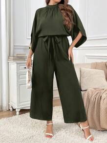 SHEIN Privé 大码女式纯色立领蝙蝠袖阔腿宽松优雅连体裤，适合通勤 - 軍綠色 - 查看 6