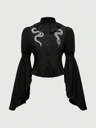 Gothic Retro High Collar Flare Sleeve Solid Black Puff Sleeve Cardigan Shirt For Women
