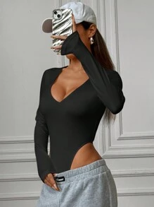 SHEIN EZwear 1 bộ đồ liền thân dệt kim màu đen cổ chữ V dài tay cho nữ - màu đen - Xem 3