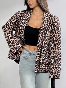 SHEIN EZwear Abrigo acolchado de mujer con estampado de leopardo y doble bolsillo, de moda - Multicolor - Ver 5