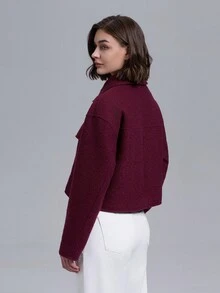 Women Casual Solid Color Drop Shoulder Loose Flap Pocket Zipper Front Short Jacket - Burgundy - View 2