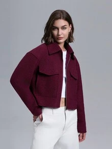 Women Casual Solid Color Drop Shoulder Loose Flap Pocket Zipper Front Short Jacket - Burgundy - View 6