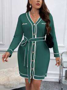 SHEIN Clasi 大码女式罗纹 V 领长袖单排扣休闲毛衣连衣裙，秋冬 - 墨綠色 - 查看 1