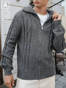 Manfinity Hypemode Men's Casual Solid Color Front Zip Cardigan, Autumn & Winter - Dark Grey - View 3