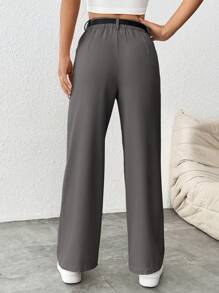 SHEIN PETITE 女式休闲直筒裤（配腰带） - 灰色 - 查看 2