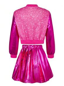 2 件套青少年女孩街头风格金属拉链飞行员夹克和裙子套装，猫咪印花 - 玫紅色 - 查看 2