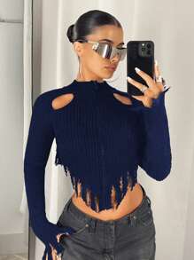 SHEIN ICON 女士纯色前拉链镂空剪裁短款开衫，秋冬款 - 藏蓝色 - 查看 4