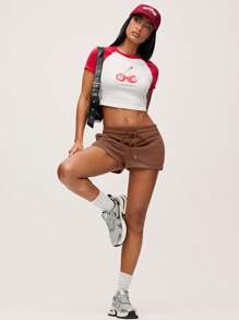 SHEIN BASICS Women's Comfortable Low Waist Sports Shorts With Slit, Casual Home Wear, Summer - Khaki - View 4