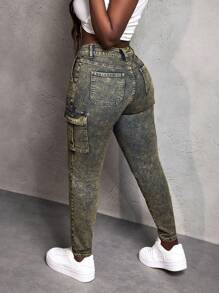 Slaydiva Jeans casuales skinny con bolsillos utilitarios para mujer - Mostaza Amarilla - Ver 1