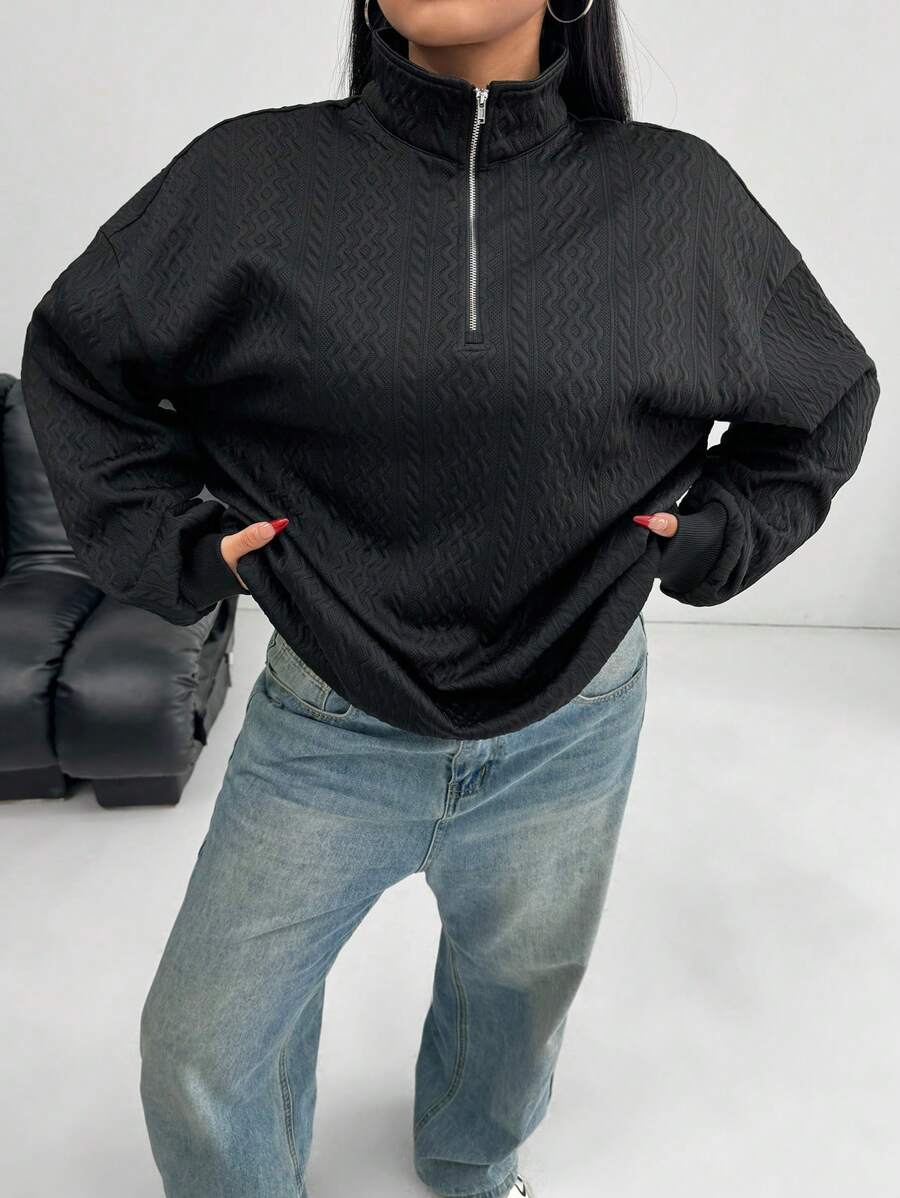 SHEIN EZwear 大码女式黑色高领运动衫，秋装 - 黑色 - 查看 1