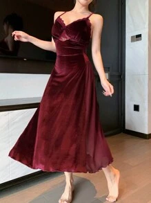 DAZY Translucent Mesh Lace Panel Velvet Satin Slip Nightgown, Sexy Red Women Dresses Pajama,New Year - Burgundy - View 5