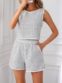 SHEIN Clasi 1 conjunto de top sin mangas y shorts de cuadros grandes para mujer, ropa profesional de otoño/invierno - Albaricoque - Ver 5