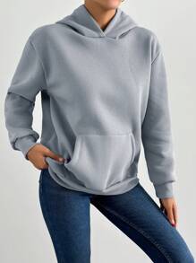 EURMUSE Women's Letter & Cartoon Graphic Print Hooded Sweatshirt ,Petite Women - Light Grey - View 3