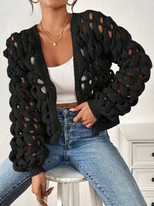 Chiquease Áo len cardigan dệt kim hở lưng cho nữ - màu đen - Xem 2