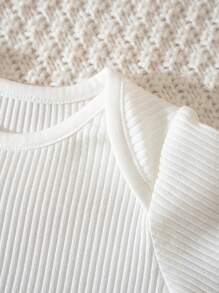 Cozy Pixies 6pcs/Set Newborn Baby Girl/Boy Solid Color Ribbed Soft Round Neck Short Sleeve Romper With Bib, Suitable For Baby Shower, Party, Gift, Newborn - Pink - View 11