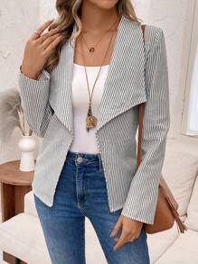 EMERY ROSE 女士条纹翻领休闲长袖开襟夹克，秋季 - 黑與白 - 查看 1