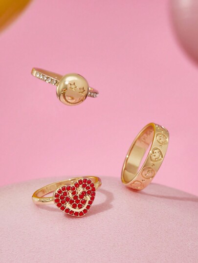 SmileyWorld® | SHEIN Women 3pcs/Set Cartoon Expressions Pattern Crystal Decor Golden Rings, Fashion Jewelry