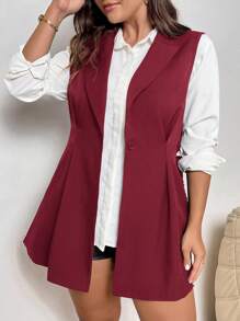 SHEIN Privé Plus Size Women Fall Black Formal Vest, Waist Cinched Red Color Sleeveless Vest With Blazer Lapel - Red - View 7