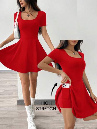 SHEIN EZwear 1 件女式短款针织休闲连衣裙，舒适适合居家穿着和运动活动，红色