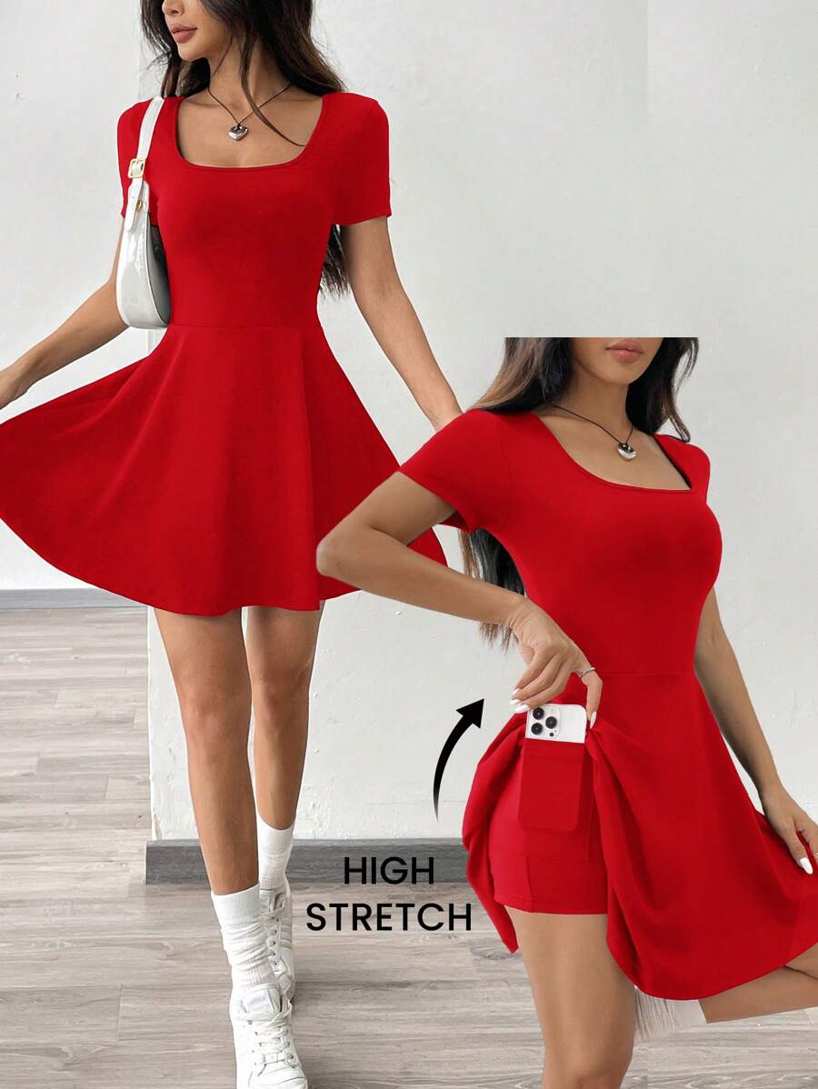 SHEIN EZwear 1 件女式短款针织休闲连衣裙,舒适适合居家穿着和运动活动,红色 - 紅色 - 查看 1