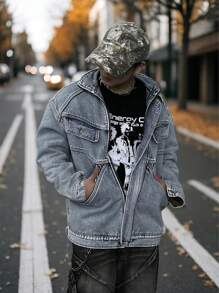 Manfinity Roghcode Áo khoác denim nam dáng rộng thoải mái có lót nhiệt, mùa thu/đông - Màu xanh lam - Xem 5