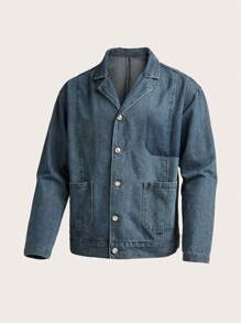 Manfinity Homme Herren Lässig Jacke mit Knöpfen vorne und Taschen, einfacher Urban Basic Denim Jacke, Dunkelblau, Herbst