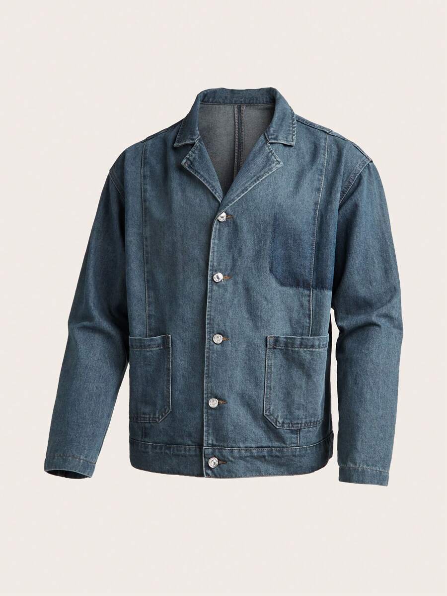 Manfinity Homme Herren Lässig Jacke mit Knöpfen vorne und Taschen, einfacher Urban Basic Denim Jacke, Dunkelblau, Herbst