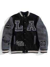 Manfinity EZcore Giacca da baseball casual con stampa di lettere, contrasto di colori, manica lunga, fodera termica, autunnale, giacca varsity nera da rave, invernale