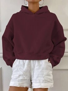 DAZY 女士基本款休闲圆领羊毛衫，秋季连帽衫 - 酒紅色 - 查看 3