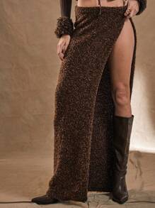 MUSERA Western Extreme Split Knit Maxi SkirtBoho, Bohemian, Cowgirl, Festival, Concert,Ibiza - Chocolate Brown - View 2