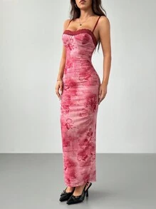 SHEIN PETITE Sexy Printed Red Retro Pattern Printed Lace Women's Tight Slim Long Women's Suspender Dress Suitable For Dates - Pink - View 5