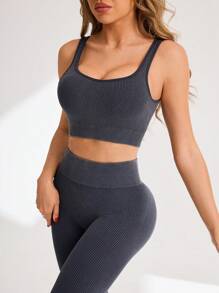 SHEIN Bộ đồ thể thao tập yoga và quần legging sọc cho nữ - màu đen - Xem 7