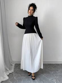 Elenzga Vestido plisado elegante con cuello alto y inserción para mujer, para otoño