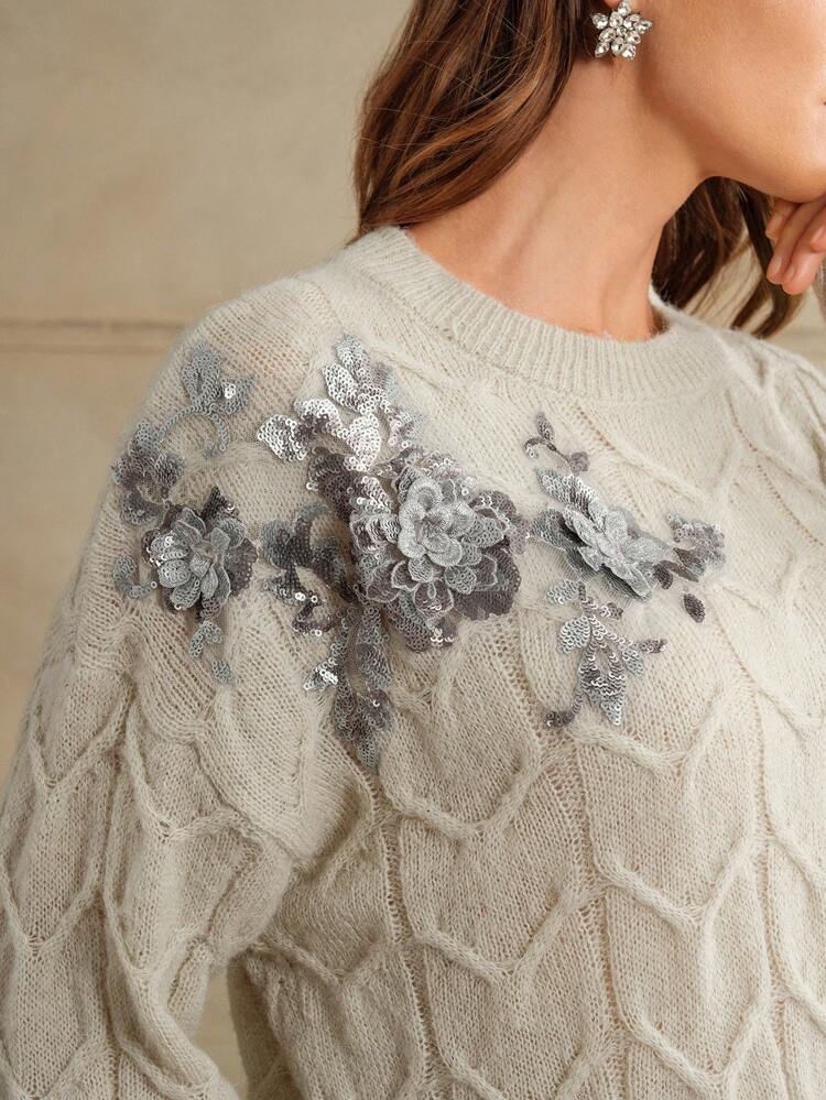 ヴィンテージエレガントなクリスマスシーケンスフローラル刺繍レディースプルオーバーセーター、ニットプルオーバー秋冬