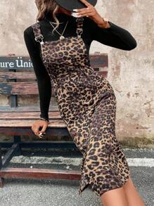 SHEIN Clasi 女款豹纹吊带连衣裙 秋冬款 - 杏色 - 查看 6