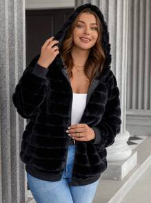 EMERY ROSE Plus Size Simple Plain Zip-Up Front Pocket Casual Faux Rabbit Fur Jacket, For Winter