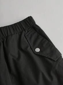 Girlism 2 件青少年女孩罗纹肖像印花复古撞色缝线长袖 T 恤和黑色编织工装裤套装 - 黑與白 - 查看 5