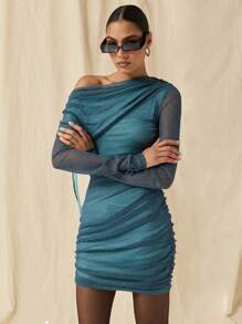 COSMINA Autumn/Winter Women Asymmetric Neck Long Sleeve Pleated Fitted Fashionable Mini Dress - Teal Blue - View 8