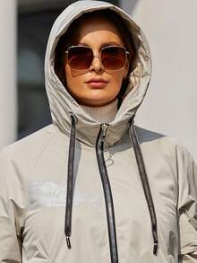 Astrid Plus Size Women Casual Zip-Up Drawstring Hooded Long Padded Coat, Winter - Beige - View 7