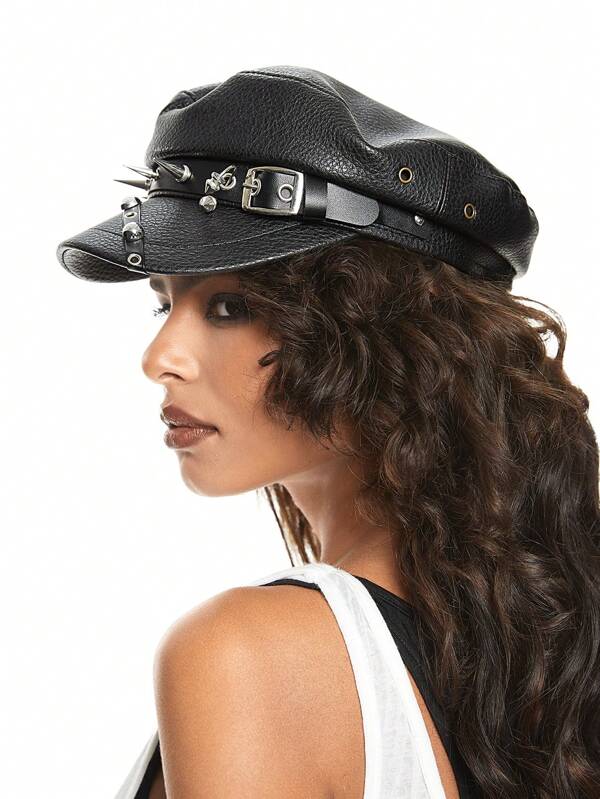 ROMWE Grunge Punk Black Rivet Punk Style Beret Hat For Women