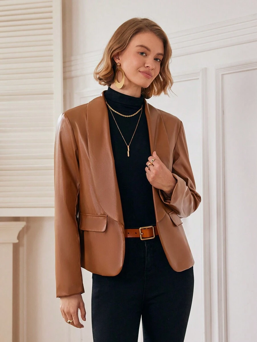 Chiquease Women Solid Color Shawl Neck Long Sleeve Faux Pockets Casual PU Leather Regular Jacket Fall Cloth For Women