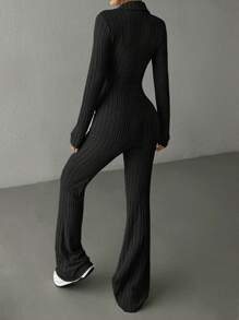 SHEIN EZwear 黑色针织女式拉链长袖短款上衣和紧身裤两件套 - 黑色 - 查看 2