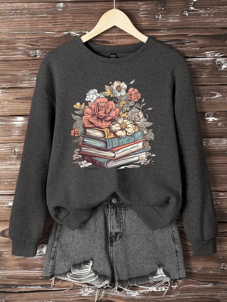 INAWLY Loose Casual Flower And Book Pattern Batwing Sweatshirt, Spring And Autumn,Long Sleeve Tops Graduation,Back To School Outfits,Graduation,Teacher Outfits For Women,Back To School Pullover Fall Outfit