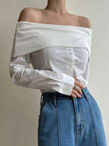 DAZY Women's Off-Shoulder Patchwork Fitted Blouse, Fall Top Long Sleeve Top Going Out Tops - White - View 7