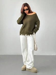SHEIN PETITE 落肩破洞毛衣 - 軍綠色 - 查看 3